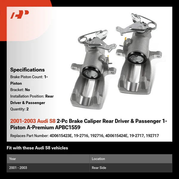 2001-2003 Audi S8 2-Pc Brake Caliper Rear Driver & Passenger 1-Piston A-Premium APBC1559