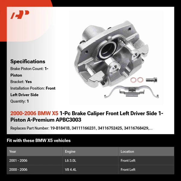 2000-2006 BMW X5 1-Pc Brake Caliper Front Left Driver Side 1-Piston A-Premium APBC3003