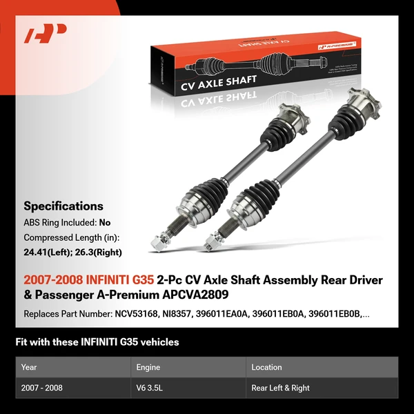 2007-2008 INFINITI G35 2-Pc CV Axle Shaft Assembly Rear Driver & Passenger A-Premium APCVA2809