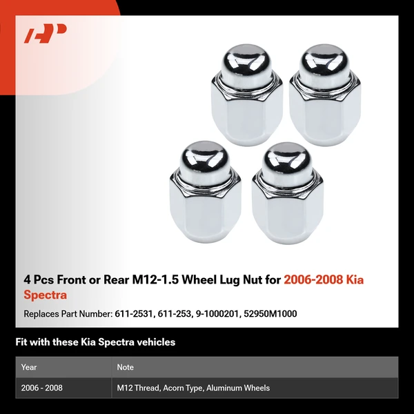 4 Pcs Front or Rear M12-1.5 Wheel Lug Nut for 2006-2008 Kia Spectra