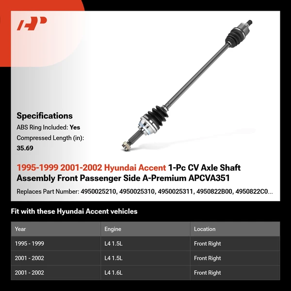 1995-1999 2001-2002 Hyundai Accent 1-Pc CV Axle Shaft Assembly Front Passenger Side A-Premium APCVA351
