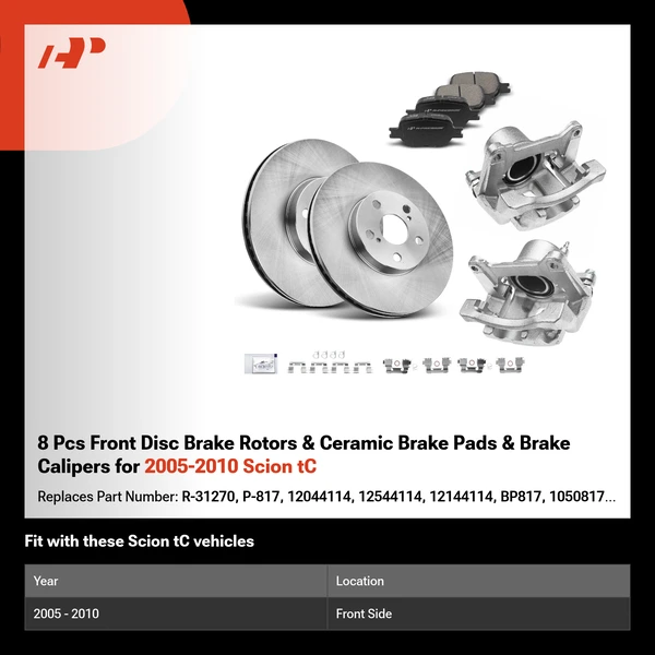 8 Pcs Front Disc Brake Rotors & Ceramic Brake Pads & Brake Calipers for 2005-2010 Scion tC
