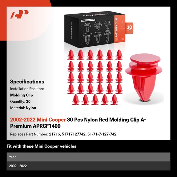 2002-2022 Mini Cooper 30 Pcs Nylon Red Molding Clip A-Premium APRCF1400
