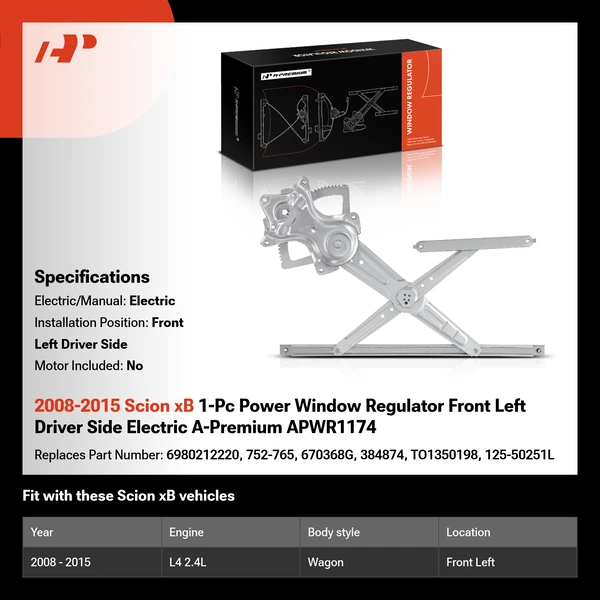 2008-2015 Scion xB 1-Pc Power Window Regulator Front Left Driver Side Electric A-Premium APWR1174