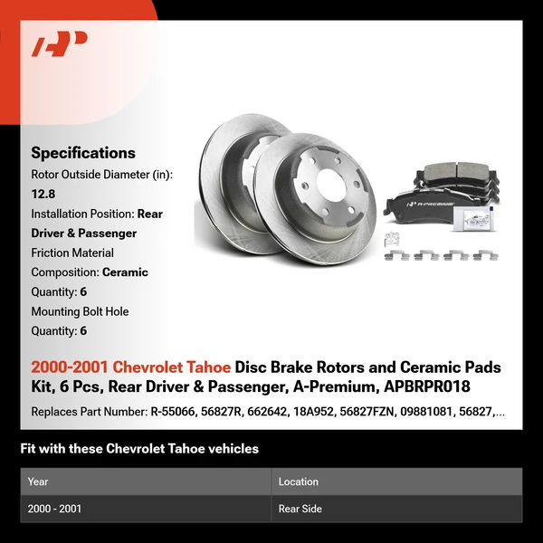 2000-2001 Chevrolet Tahoe Disc Brake Rotors and Ceramic Pads Kit, 6 Pcs, Rear Driver & Passenger, A-Premium, APBRPR018