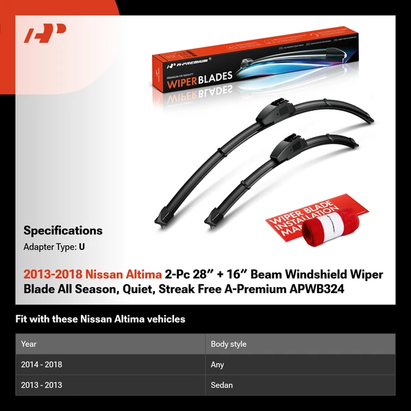 2013-2018 Nissan Altima 2-Pc 28″ + 16″ Beam Windshield Wiper Blade All Season, Quiet, Streak Free A-Premium APWB324
