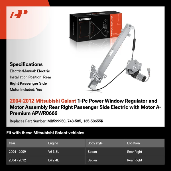 2004-2012 Mitsubishi Galant 1-Pc Power Window Regulator and Motor Assembly Rear Right Passenger Side Electric with Motor A-Premium APWR0666