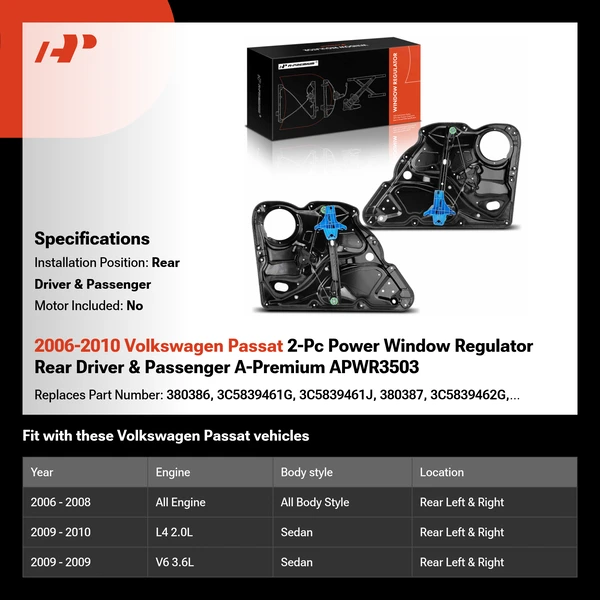 2006-2010 Volkswagen Passat 2-Pc Power Window Regulator Rear Driver & Passenger A-Premium APWR3503