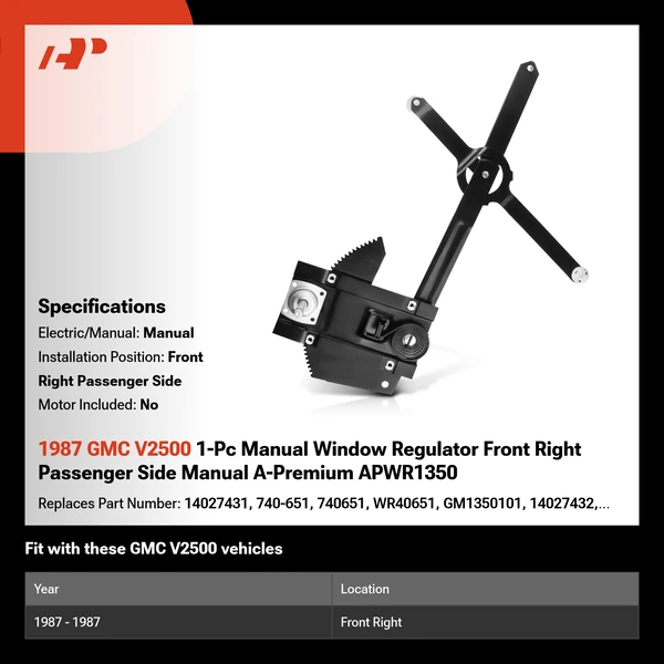 1987 GMC V2500 1-Pc Manual Window Regulator Front Right Passenger Side Manual A-Premium APWR1350