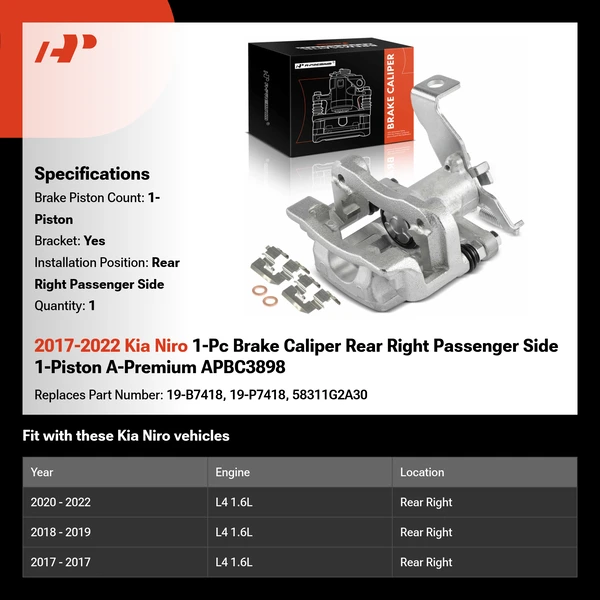 2017-2022 Kia Niro 1-Pc Brake Caliper Rear Right Passenger Side 1-Piston A-Premium APBC3898