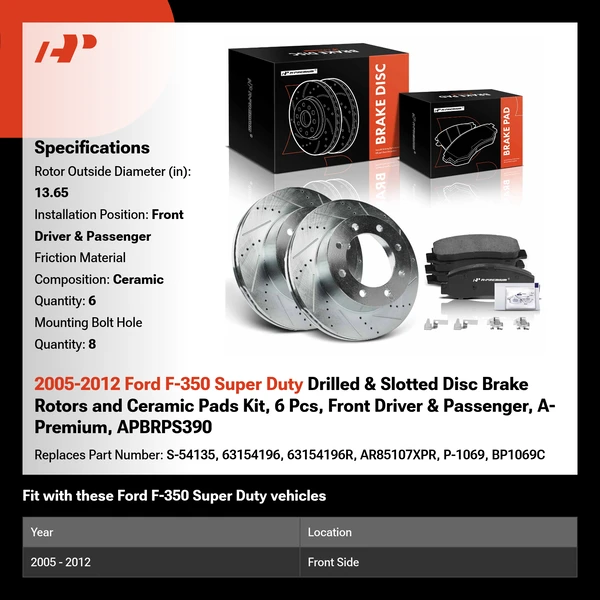 2005-2012 Ford F-350 Super Duty Drilled & Slotted Disc Brake Rotors and Ceramic Pads Kit, 6 Pcs, Front Driver & Passenger, A-Premium, APBRPS390