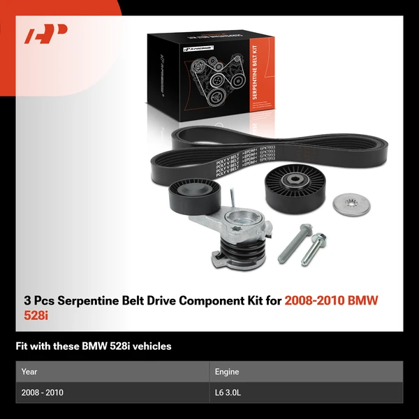 3 Pcs Serpentine Belt Drive Component Kit for 2008-2010 BMW 528i