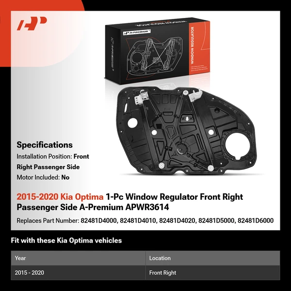 2015-2020 Kia Optima 1-Pc Window Regulator Front Right Passenger Side A-Premium APWR3614