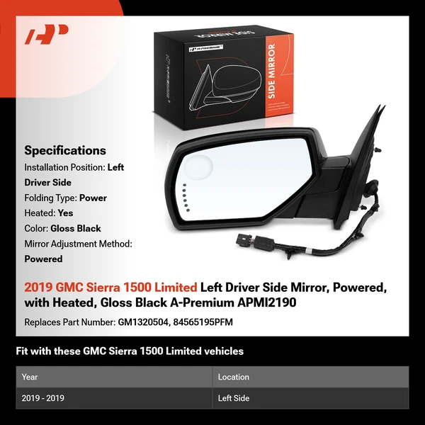 2019 GMC Sierra 1500 Limited Left Driver Side Mirror, Powered, with Heated, Gloss Black A-Premium APMI2190