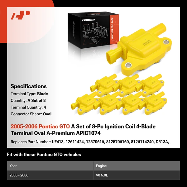 2005-2006 Pontiac GTO A Set of 8-Pc Ignition Coil 4-Blade Terminal Oval A-Premium APIC1074