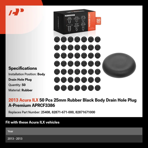 2013 Acura ILX 50 Pcs 25mm Rubber Black Body Drain Hole Plug A-Premium APRCF3386