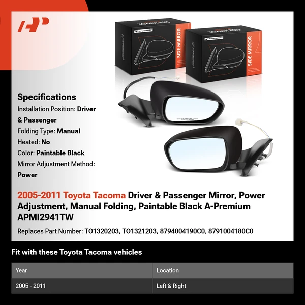 2005-2011 Toyota Tacoma Driver & Passenger Mirror, Power Adjustment, Manual Folding, Paintable Black A-Premium APMI2941TW