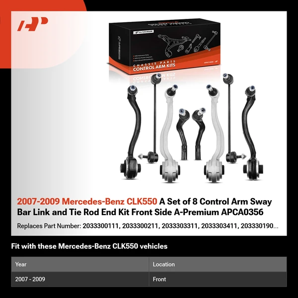 2007-2009 Mercedes-Benz CLK550 A Set of 8 Control Arm Sway Bar Link and Tie Rod End Kit Front Side A-Premium APCA0356