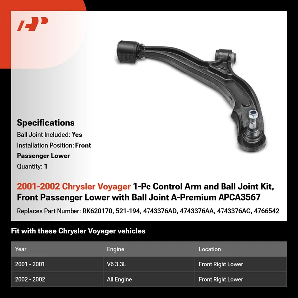 2001-2002 Chrysler Voyager 1-Pc Control Arm and Ball Joint Kit, Front Passenger Lower with Ball Joint A-Premium APCA3567