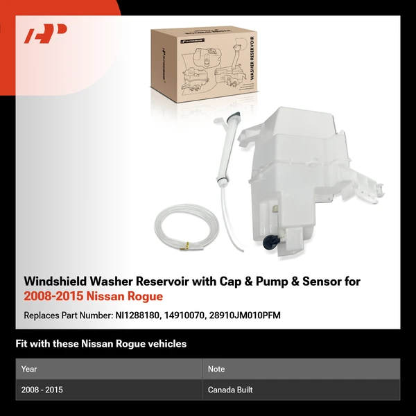 Windshield Washer Reservoir with Cap & Pump & Sensor for 2008-2015 Nissan Rogue