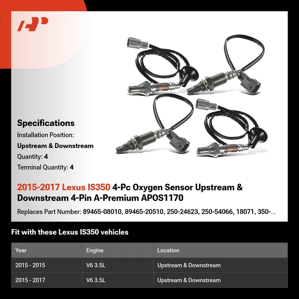 2015-2017 Lexus IS350 4-Pc Oxygen Sensor Upstream & Downstream 4-Pin A-Premium APOS1170