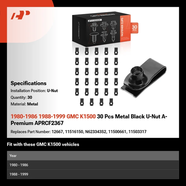 1980-1986 1988-1999 GMC K1500 30 Pcs Metal Black U-Nut A-Premium APRCF2367