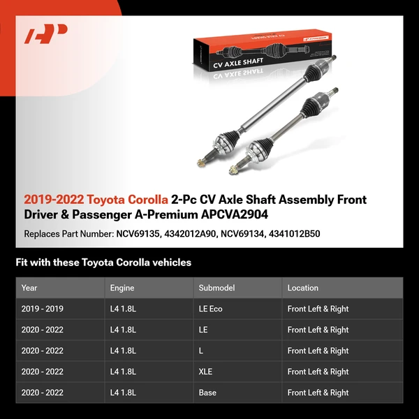 2019-2022 Toyota Corolla 2-Pc CV Axle Shaft Assembly Front Driver & Passenger A-Premium APCVA2904