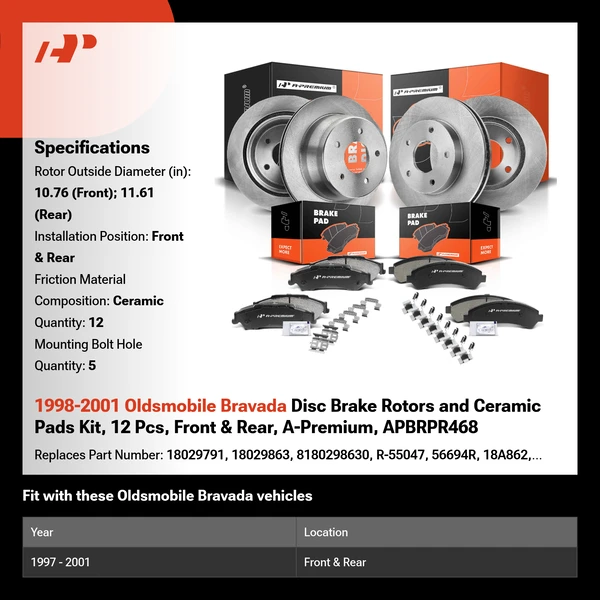 1998-2001 Oldsmobile Bravada Disc Brake Rotors and Ceramic Pads Kit, 12 Pcs, Front & Rear, A-Premium, APBRPR468