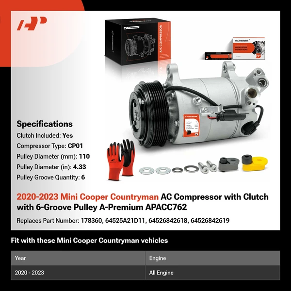 2020-2023 Mini Cooper Countryman AC Compressor with Clutch with 6-Groove Pulley A-Premium APACC762