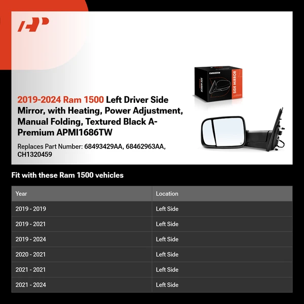 2019-2024 Ram 1500 Left Driver Side Mirror, with Heating, Power Adjustment, Manual Folding, Textured Black A-Premium APMI1686TW