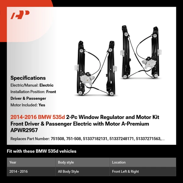 2014-2016 BMW 535d 2-Pc Window Regulator and Motor Kit Front Driver & Passenger Electric with Motor A-Premium APWR2957