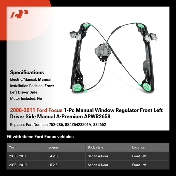 2008-2011 Ford Focus 1-Pc Manual Window Regulator Front Left Driver Side Manual A-Premium APWR2658