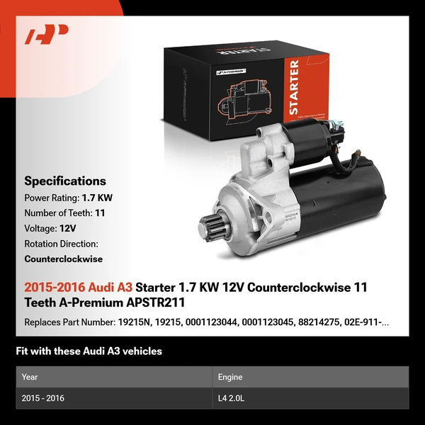 2015-2016 Audi A3 Starter 1.7 KW 12V Counterclockwise 11 Teeth A-Premium APSTR211