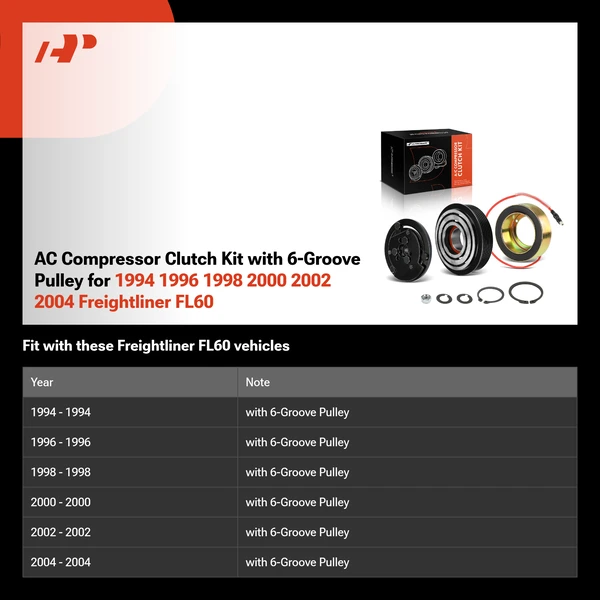 AC Compressor Clutch Kit with 6-Groove Pulley for 1994 1996 1998 2000 2002 2004 Freightliner FL60