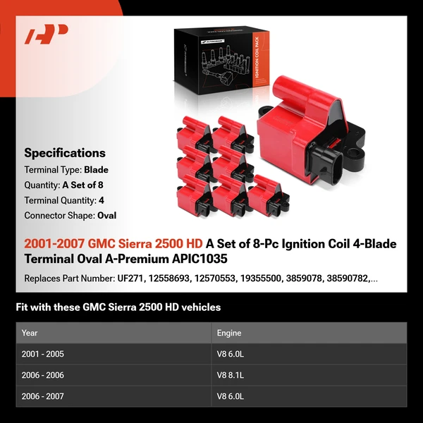 2001-2007 GMC Sierra 2500 HD A Set of 8-Pc Ignition Coil 4-Blade Terminal Oval A-Premium APIC1035
