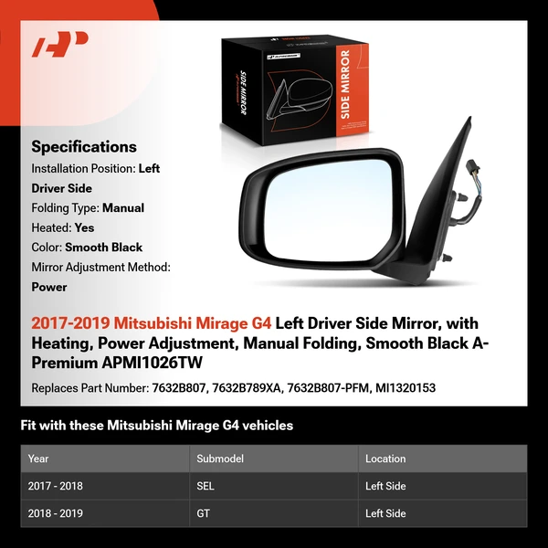2017-2019 Mitsubishi Mirage G4 Left Driver Side Mirror, with Heating, Power Adjustment, Manual Folding, Smooth Black A-Premium APMI1026TW