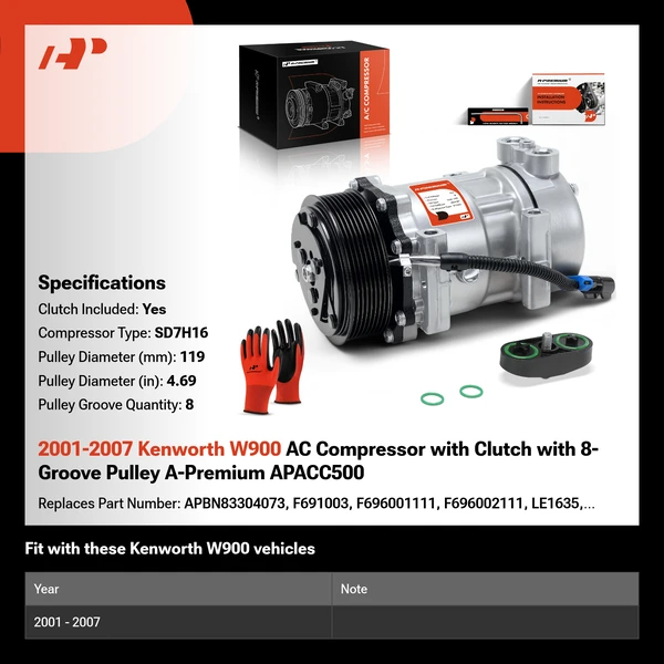 2001-2007 Kenworth W900 AC Compressor with Clutch with 8-Groove Pulley A-Premium APACC500