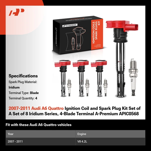 2007-2011 Audi A6 Quattro Ignition Coil and Spark Plug Kit Set of A Set of 8 Iridium Series, 4-Blade Terminal A-Premium APIC0568