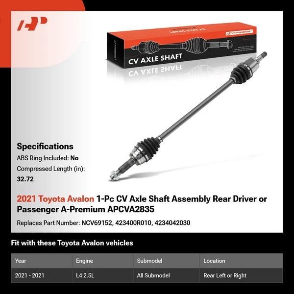 2021 Toyota Avalon 1-Pc CV Axle Shaft Assembly Rear Driver or Passenger A-Premium APCVA2835