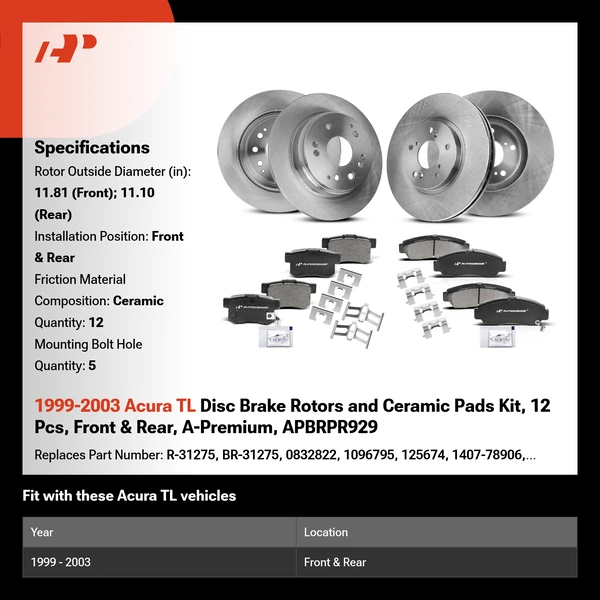 1999-2003 Acura TL Disc Brake Rotors and Ceramic Pads Kit, 12 Pcs, Front & Rear, A-Premium, APBRPR929