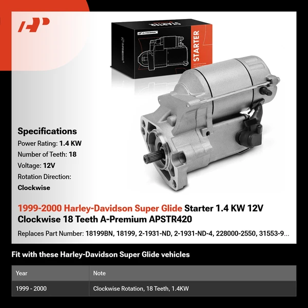 1999-2000 Harley-Davidson Super Glide Starter 1.4 KW 12V Clockwise 18 Teeth A-Premium APSTR420