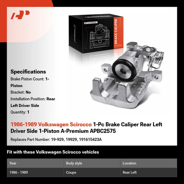 1986-1989 Volkswagen Scirocco 1-Pc Brake Caliper Rear Left Driver Side 1-Piston A-Premium APBC2575
