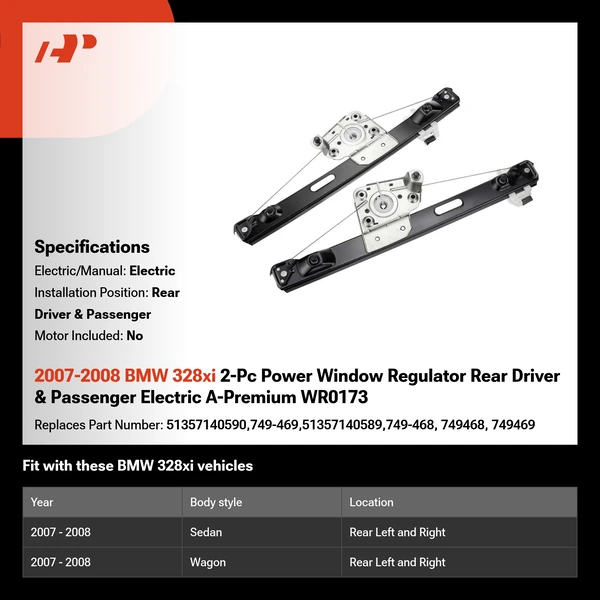 2007-2008 BMW 328xi 2-Pc Power Window Regulator Rear Driver & Passenger Electric A-Premium WR0173
