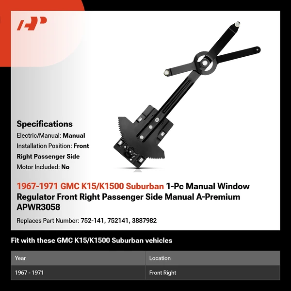1967-1971 GMC K15/K1500 Suburban 1-Pc Manual Window Regulator Front Right Passenger Side Manual A-Premium APWR3058
