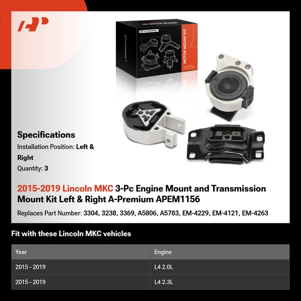 2015-2019 Lincoln MKC 3-Pc Engine Mount and Transmission Mount Kit Left & Right A-Premium APEM1156