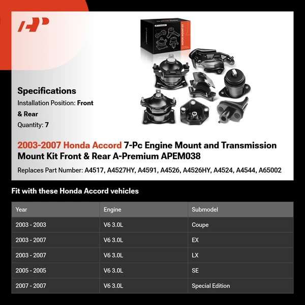 2003-2007 Honda Accord 7-Pc Engine Mount and Transmission Mount Kit Front & Rear A-Premium APEM038