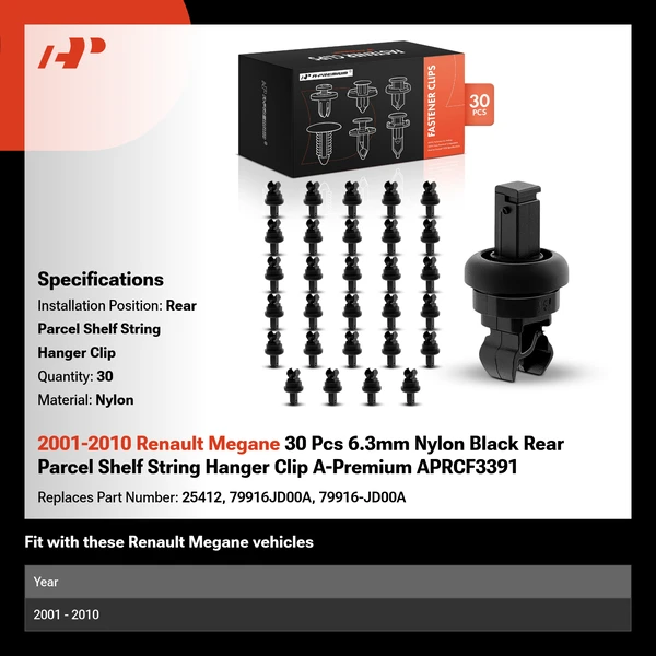 2001-2010 Renault Megane 30 Pcs 6.3mm Nylon Black Rear Parcel Shelf String Hanger Clip A-Premium APRCF3391
