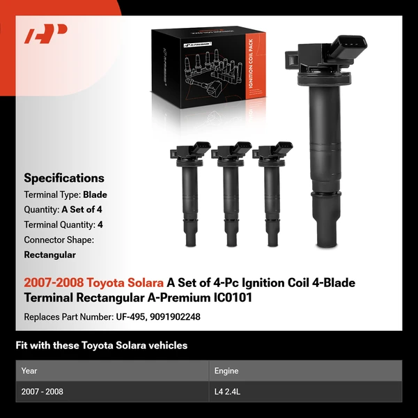 2007-2008 Toyota Solara A Set of 4-Pc Ignition Coil 4-Blade Terminal Rectangular A-Premium IC0101