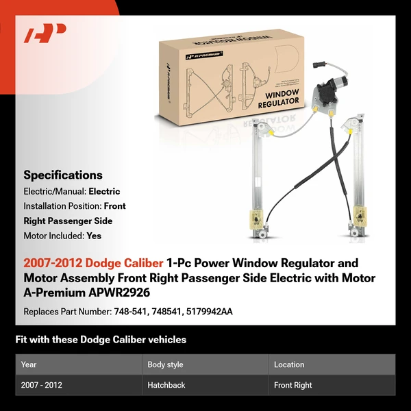2007-2012 Dodge Caliber 1-Pc Power Window Regulator and Motor Assembly Front Right Passenger Side Electric with Motor A-Premium APWR2926
