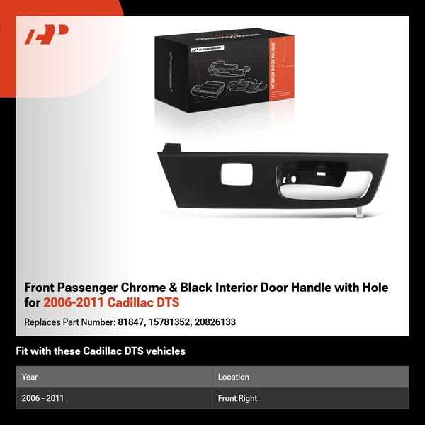 Front Passenger Chrome & Black Interior Door Handle with Hole for 2006-2011 Cadillac DTS
